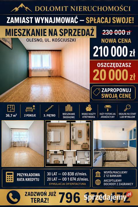 2 pokoje 367 m 3 piętro Olesno Kościuszki opolskie