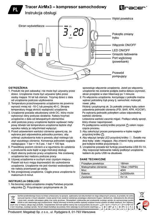 TRACER AirMx3 kompresor samochodowy z wbudowaną Kompresory