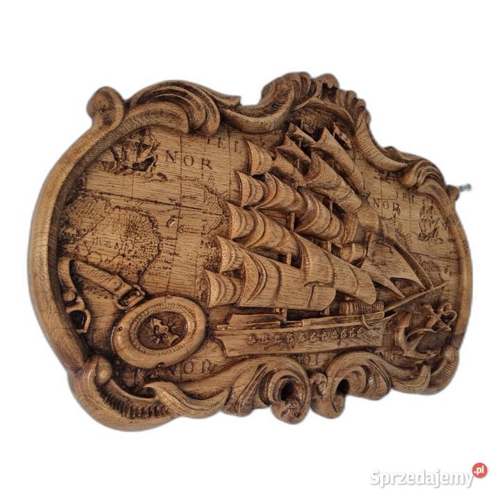 Rzeźbiony obraz z drewna Żaglowiec Mapa Świata Malechowo