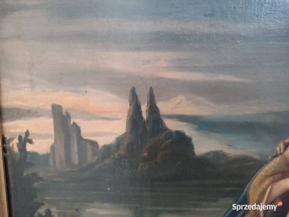 Piękny obraz olejny scena rodzajowa Łódź