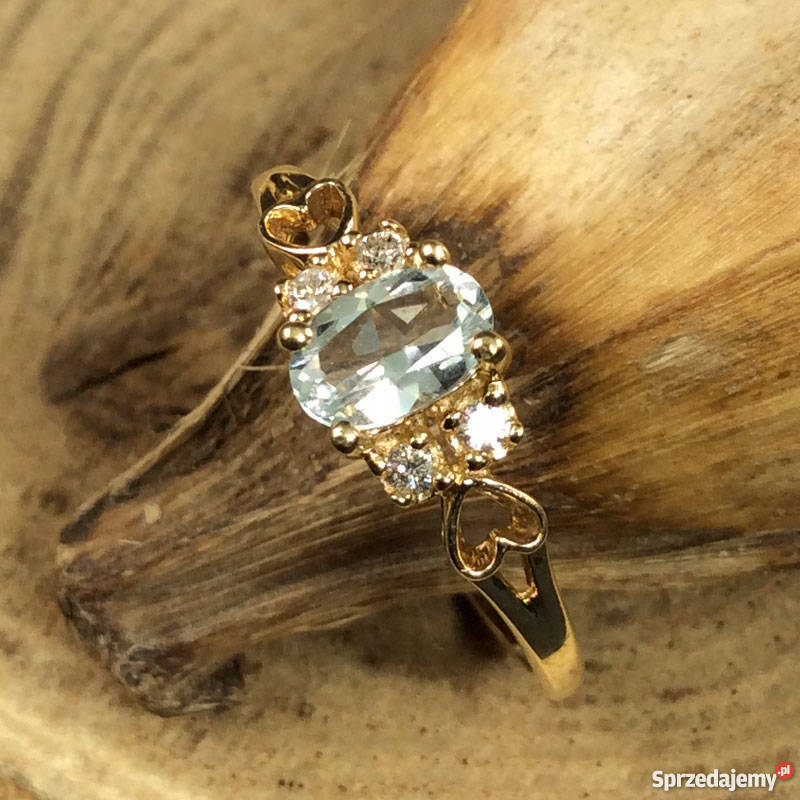 Złoty pierścionek z Diamentem i Aquamarynem Koszalin sprzedam