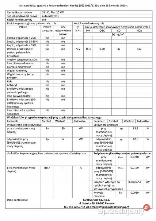 Kocioł pellet Slimko PLUS 20 kW bez zasobnika Golub-Dobrzyń