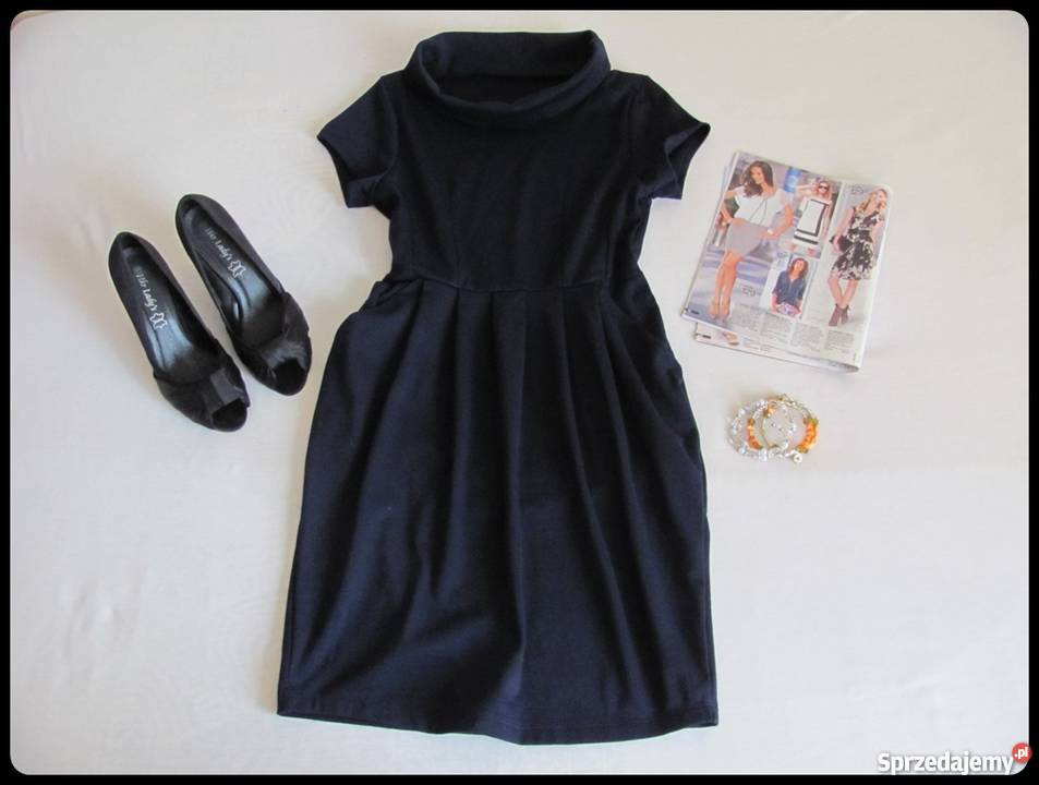 Sukienka granatowa z półgolfem i kieszeniami 38 Płock