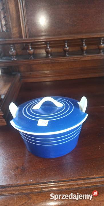 Puzderko pojemnik sygnowany Z pokrywką kobaltowy Porcelana i szkło Gdańsk