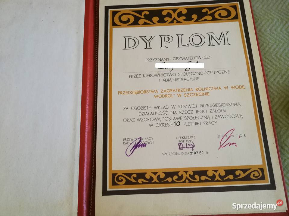 Dyplomy PŻM PPDiUR Gryf Wodrol ZSMP Szczecin PRL Pozostałe zachodniopomorskie sprzedam