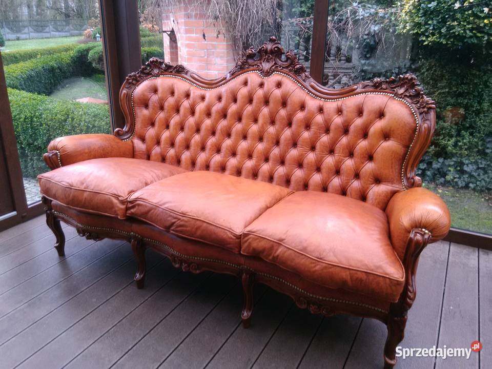 Sofa LudwikBarok Rzeźbiona Skóra Antyk Meble Kluki
