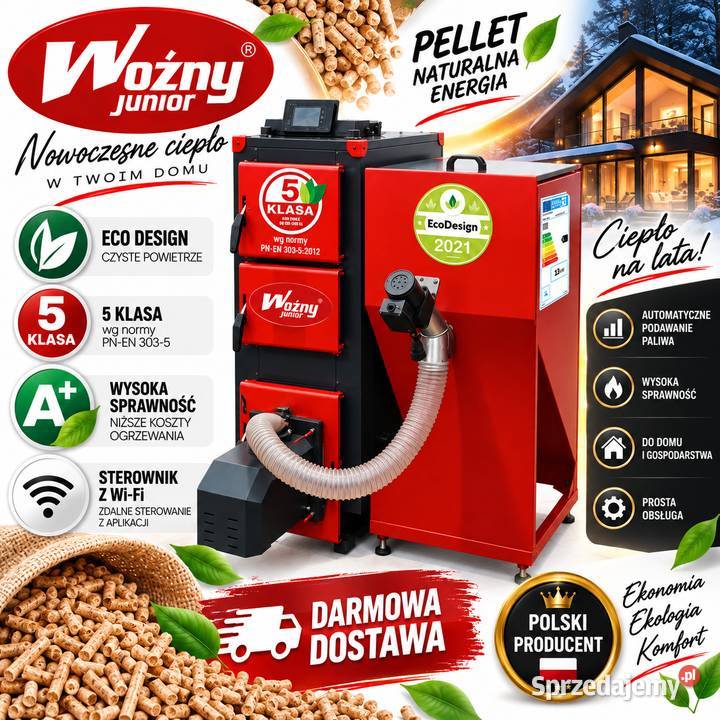 Kocioł piec c.o. 13kW na pellet do 160m2 5 klasa ecodesign dostawa 0 zł gra
