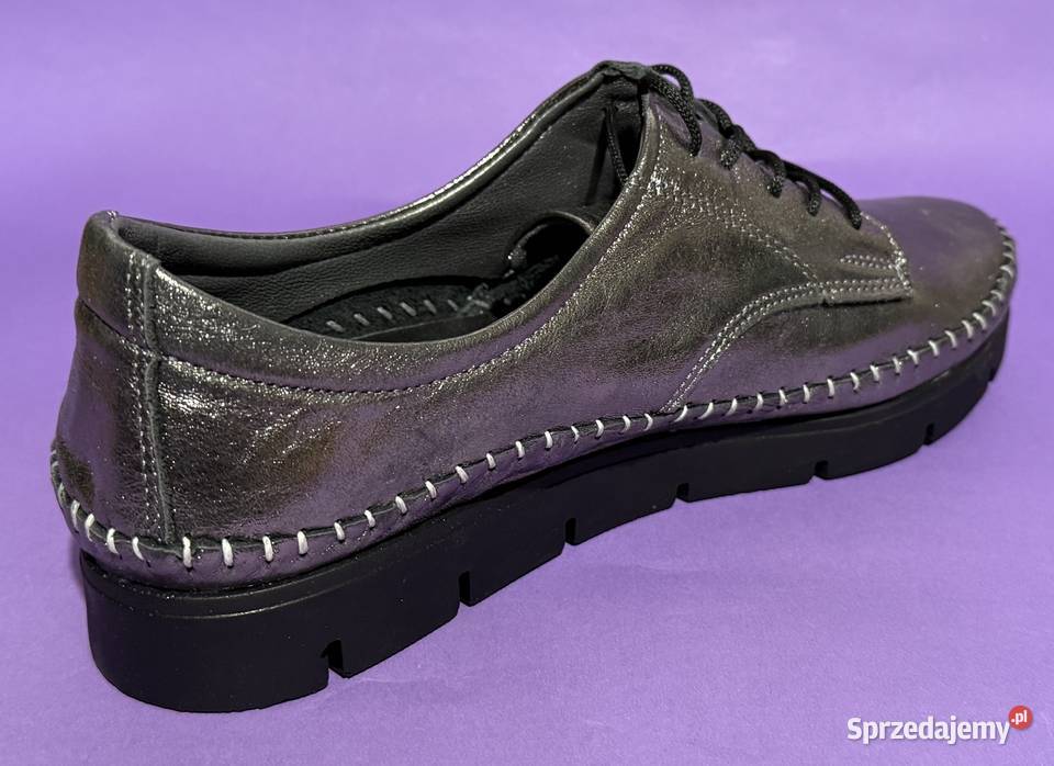 Skórzane damskie platynowe wiązane półbuty Żyrardów
