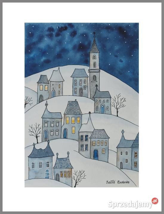 Akwarela Akwarelka Obraz pt Bajkowa Kraina Nocą Warszawa