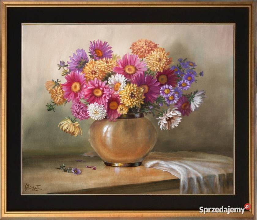 Astry w Wazonie ręcznie malowany olejny L Nowy Sącz