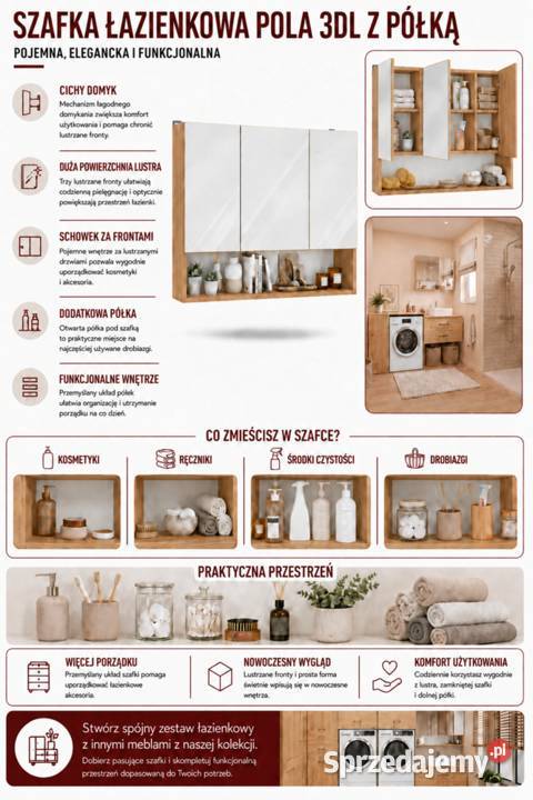 Szafka łazienkowa wisząca z lustrem i półką 80cm