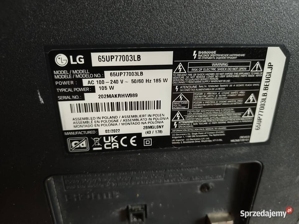 Telewizor 65UP77003LB LG uszkodzony łódzkie sprzedam