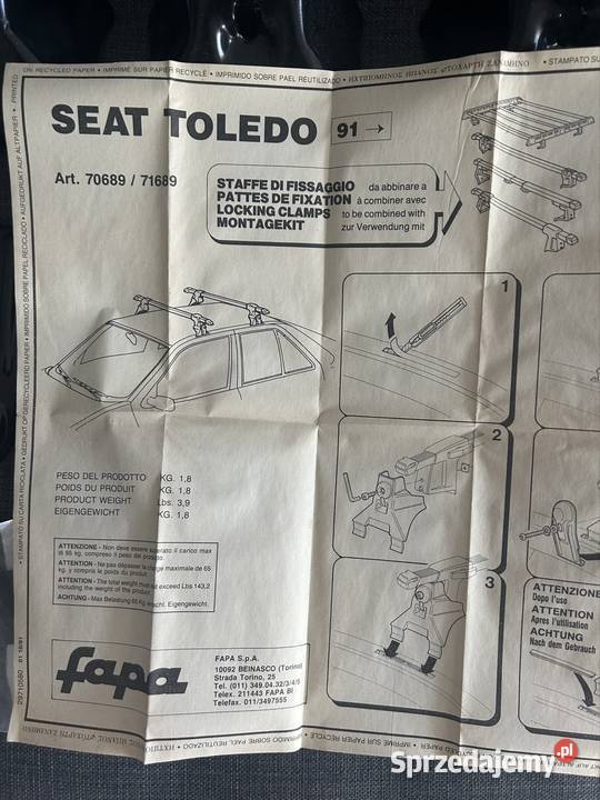 Fapa mocowanie belek Seat Toledo 1991 kit 689 Rok produkcji 1991