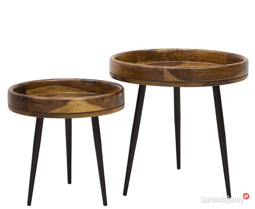 Drewniany okrągły kolonialny stolik kawowy komplet 2 sztuki