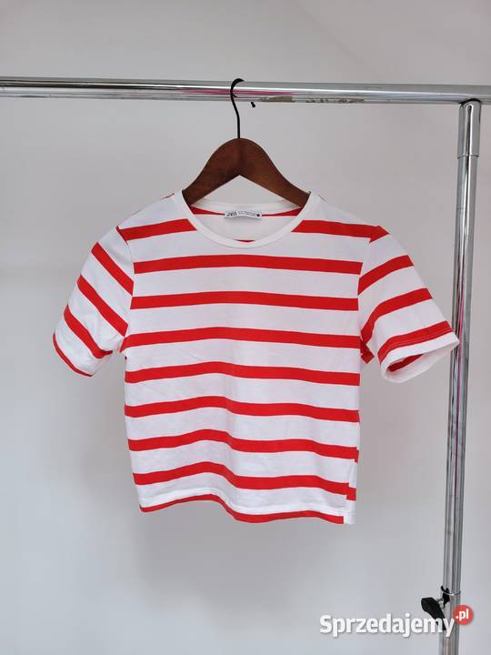 Biały crop top bluzka w czerwone paski z bawełną kolorowy Liszki