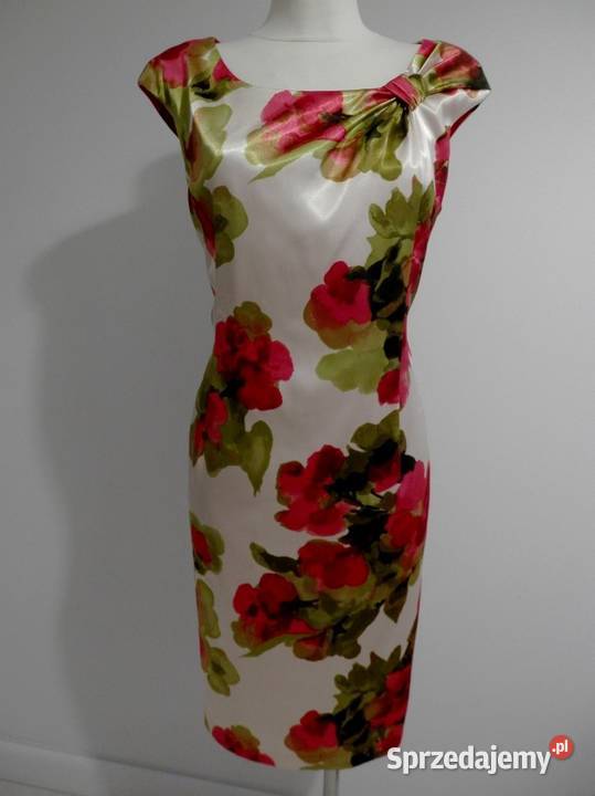 Sukienka Wieczorowa Imprezowa Satynowa Kwiatki Łomża