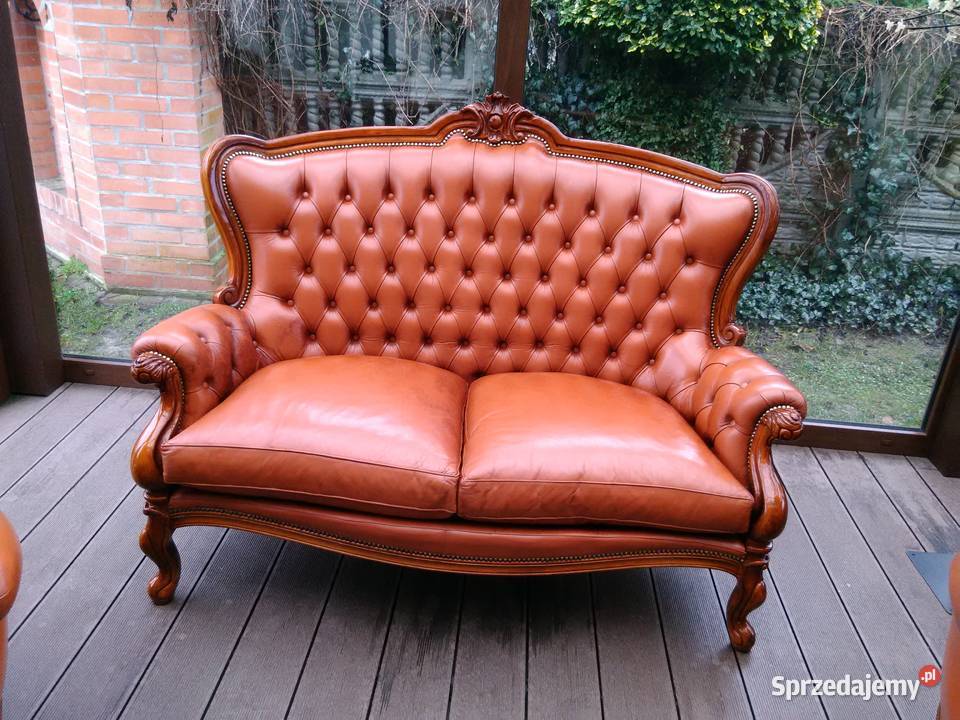 Sofa LUDWIK 2osobRzeźbiona Skóra Antyk Stan Meble Kluki