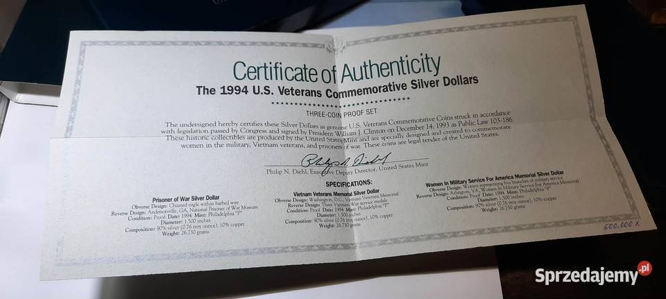 pudełko do monet dolarowych certyfikat
