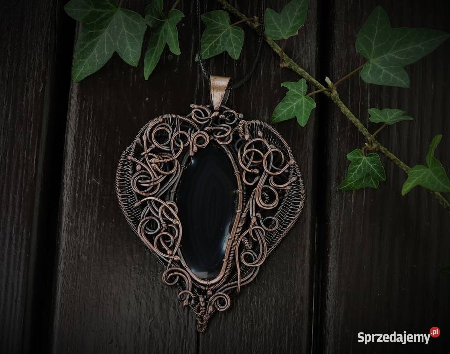 Zjawiskowy miedziany wisior czarny agat małopolskie Kraków