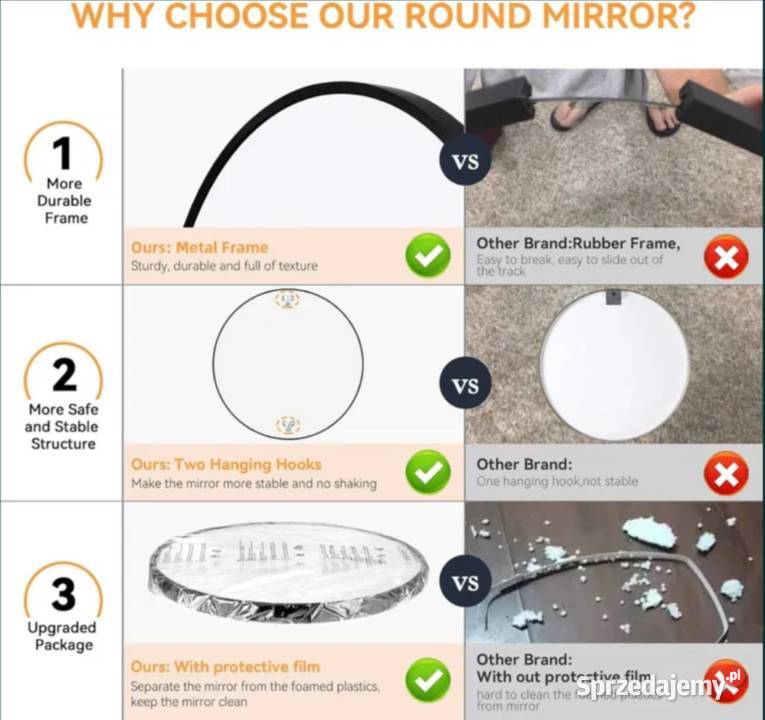 Piękne Kryształowe Lustro HD okrągłe lusterko Poraj