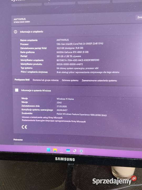 Komputer Gamingowy RTX 4060 8GB 32GB RAM i313gen Chełm sprzedam