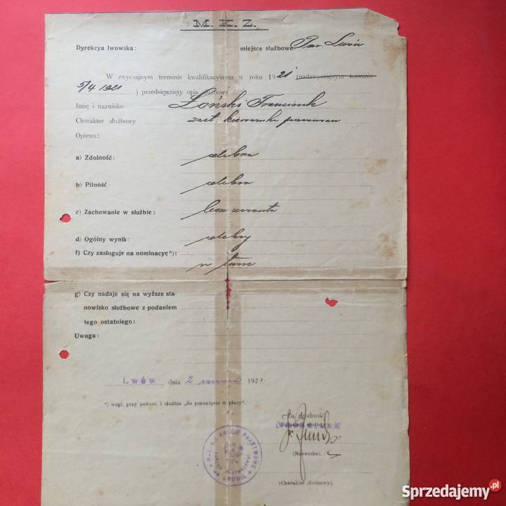 770 Lwów Opinia Służbowa Łoński Antykwariat Szczecin sprzedam