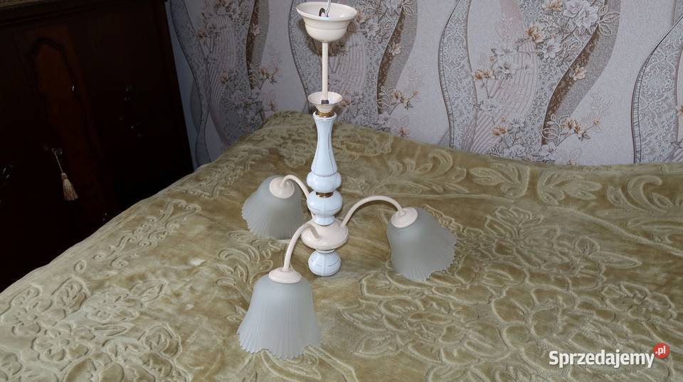 Żyrandol 3 Ramienny z Porcelitu Klosze Szkło PRL dolnośląskie Ziębice