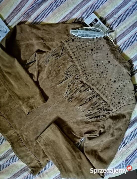 Stradivarius Premium kurtka SKÓRZANA Frędzle brązowy/beżowy Leszno