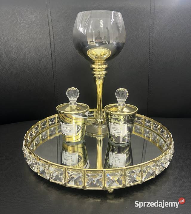 Lustrzana okrągła złota taca z kryształkami Golkowice