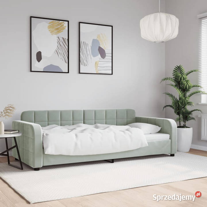 Sofa z funkcją spania jasnoszara obita aksamitem Łóżka Warszawa