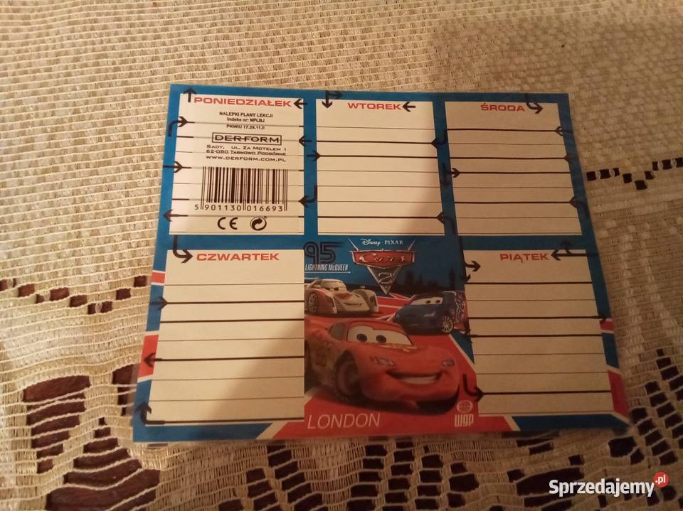 Cars Disney samoprzylepny plan lekcji