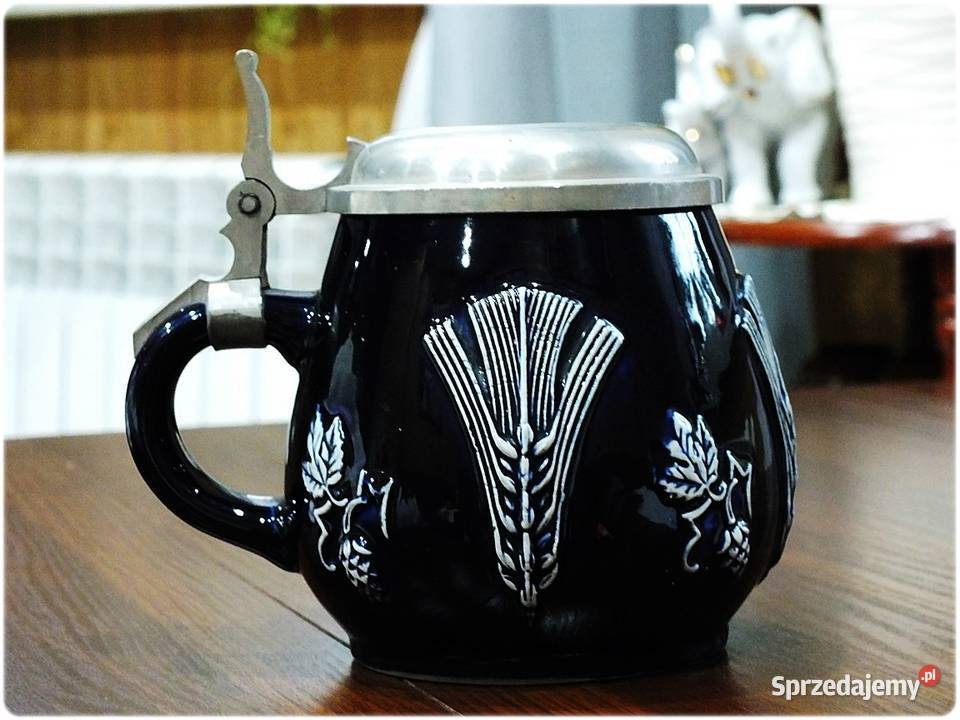 Kufel niemiecki z cynową pokrywką Sygnowany lubuskie Żary