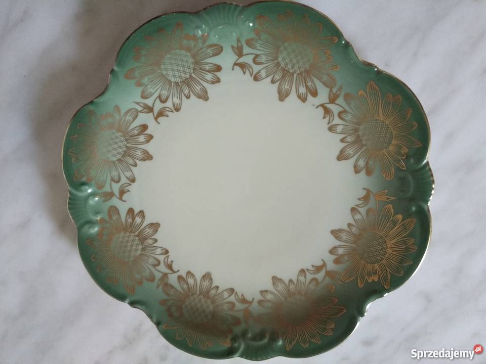 Złocona zielona paterka talerzyk porcelana Ropa