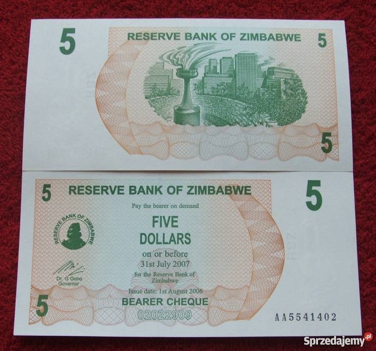 ZIMBABWE 5 DOLARÓW ZIELONY Kolekcjonerski Katowice sprzedam