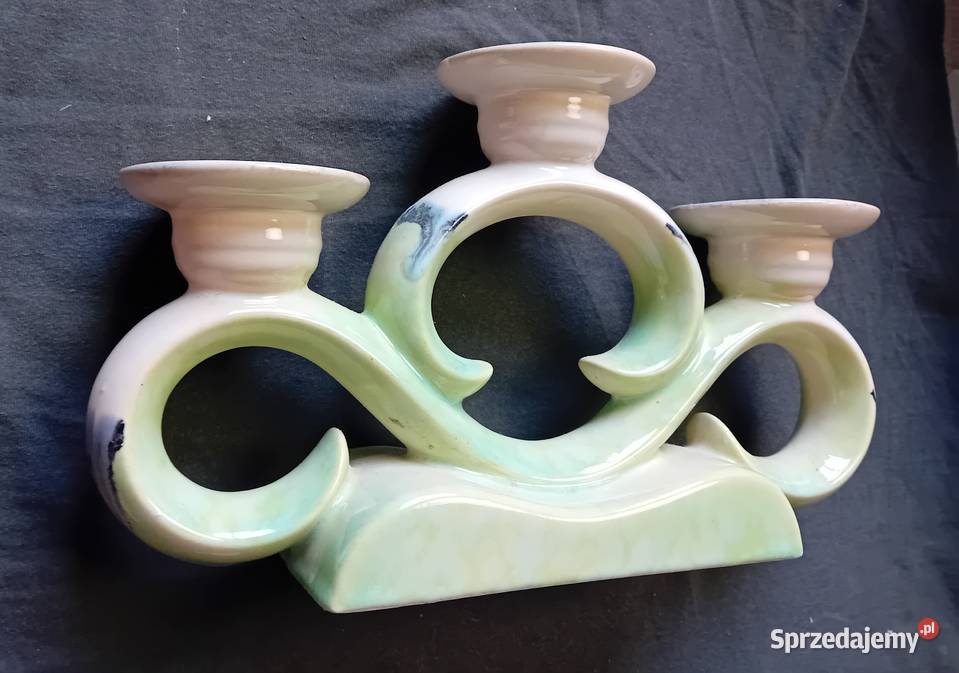 Ceramiczny turkusowy świecznik trójramienny art wielkopolskie Koźminek sprzedam