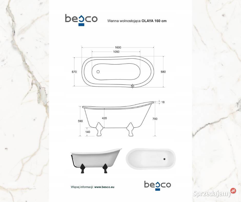 Wanna wolnostojąca Besco Olaya 160x68 łapy złote Bydgoszcz