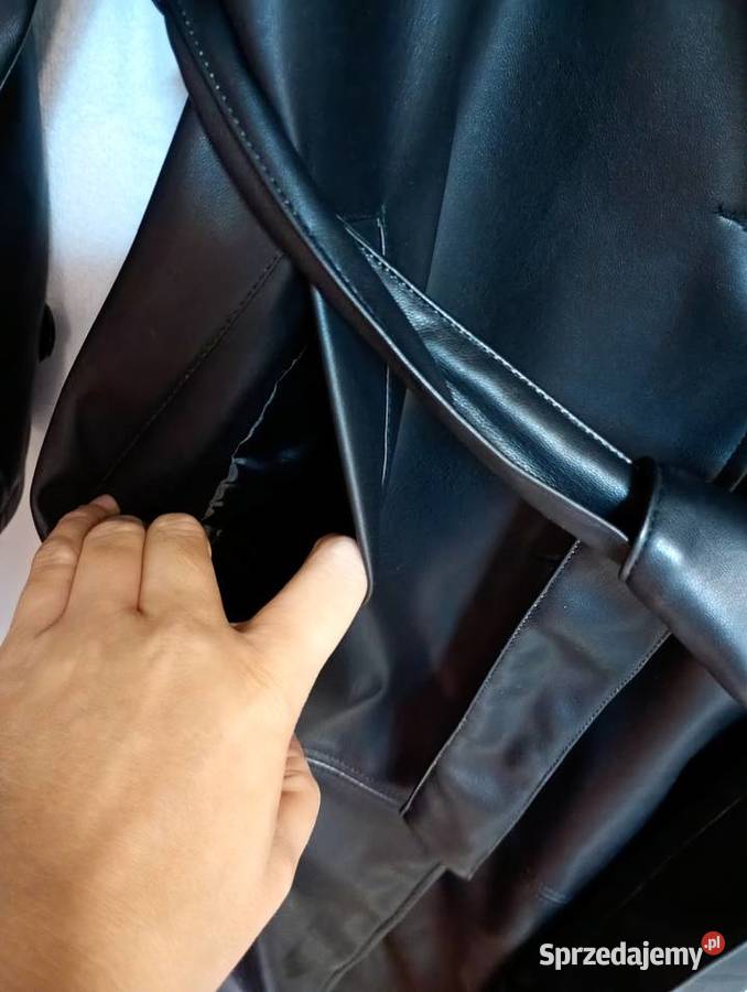 463XL Czarny skórzany płaszcz z paskiem z czarny Kraków