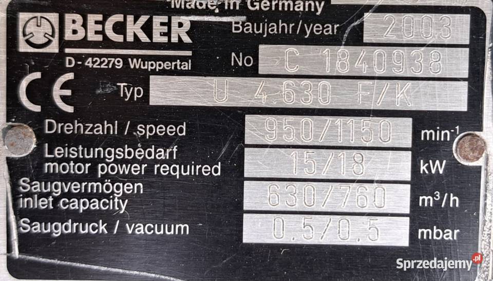 Pompa próżniowa Becker U 4630 CNC pakowaczka Pleszew
