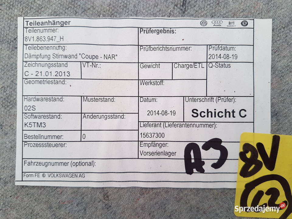 AUDI A3 8V WYGLUSZENIE SCIANY GRODZIOWEJ MATA elementy wygłuszające Turek