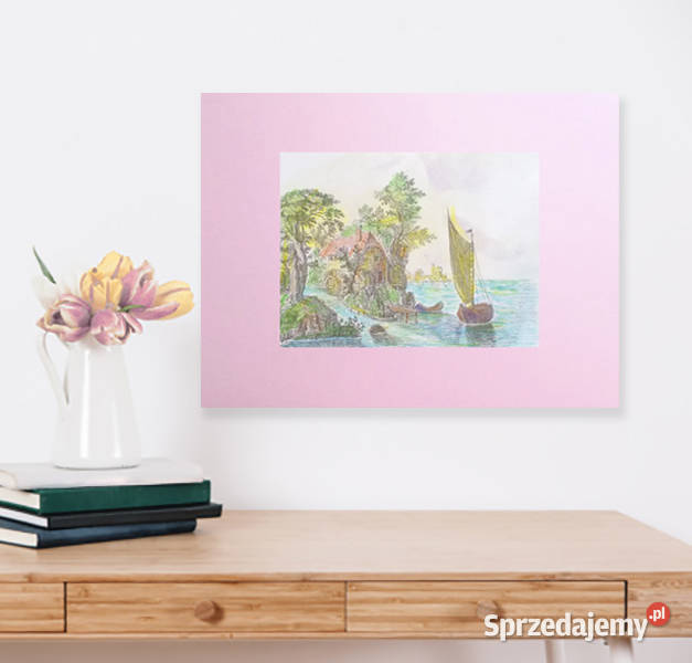 różowy obrazek A3 pastelowy pejzaż retro grafika Opole sprzedam