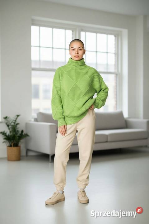 Sweter damski gruby w romby zielony oversize łódzkie Wieluń sprzedam