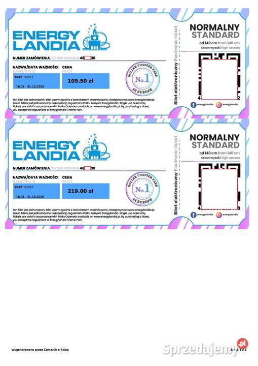 ENERGYLANDIA 2 bilety normalne Tarnów sprzedam