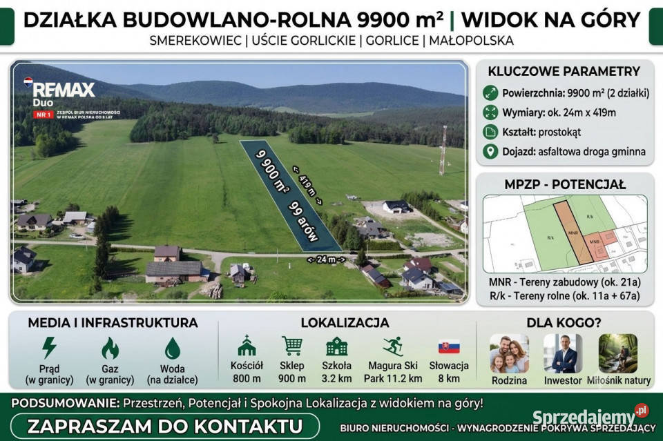 Działka 99a rolbud Smerekowiec Uście Gorlickie sprzedam