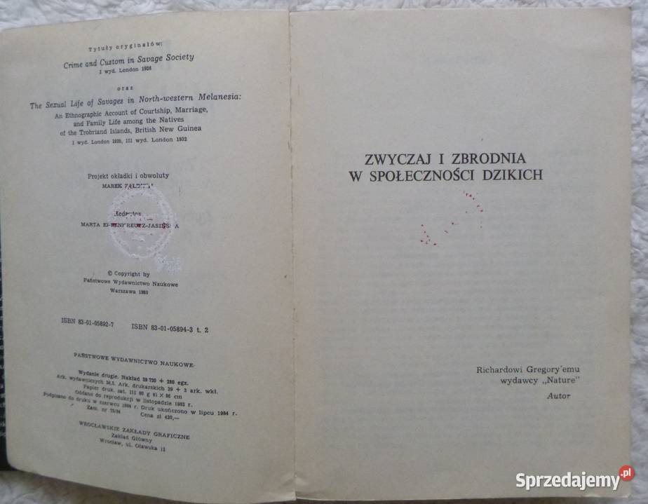 Zwyczaj i zbrodnia Życie seksualne dzikich B sztuka, kultura i etnologia Warszawa