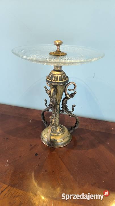 Piękna mosiężna patera z kryształowym szkłem Łódź sprzedam