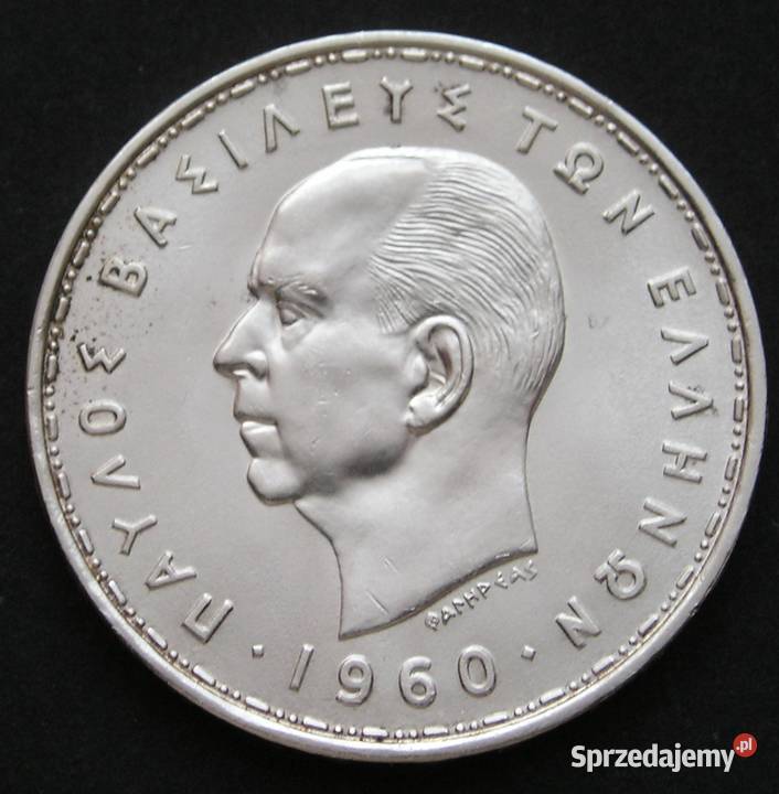 GRECJA 20 DRACHM 1960 KRÓL PAWEŁ DELFIN SREBRO Łódź