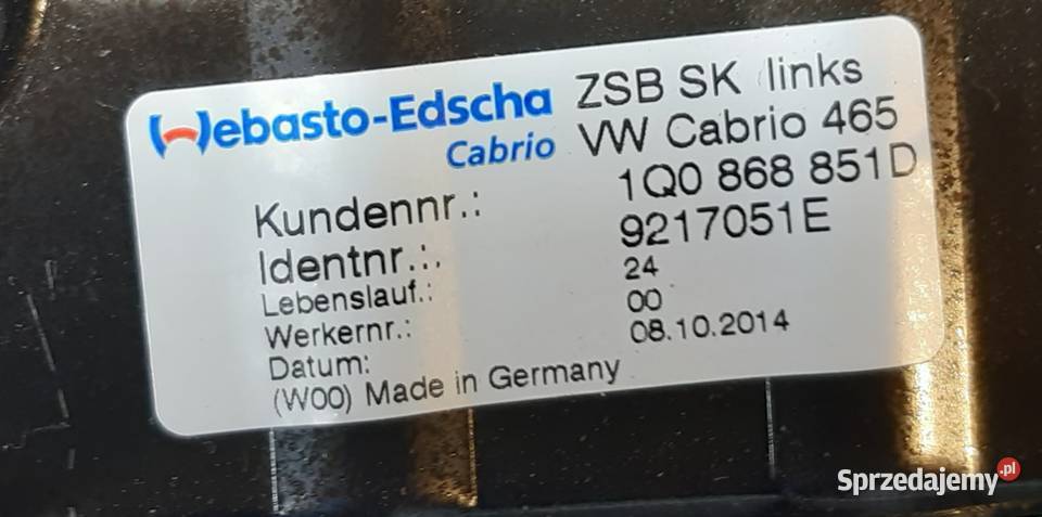 ZAŚLEPKA DACHU LEWY TYŁ VW EOS 1Q0868851D Wyposażenie wnętrza Mielęcin