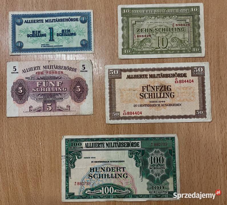 Zestaw banknotów 1 5 10 50 100 Schilling Kudowa-Zdrój