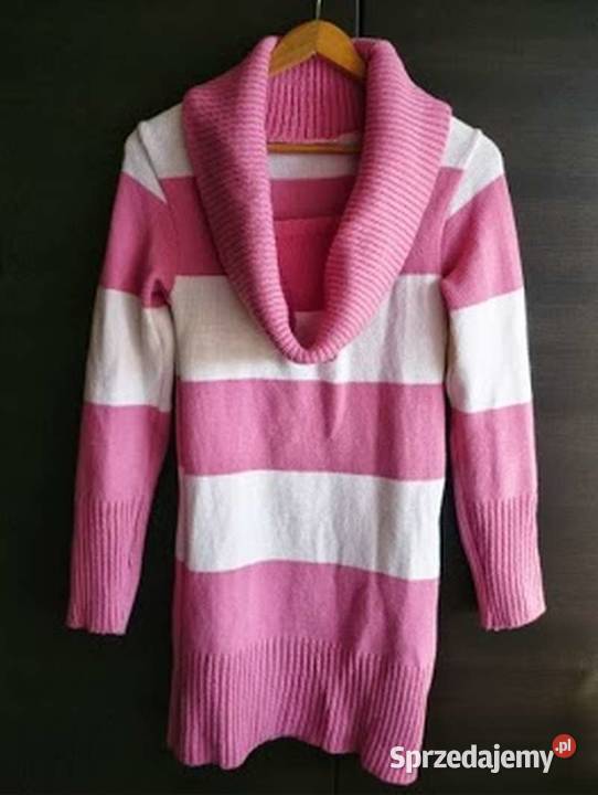 długi sweter różowybiały pasy paski S 36 golf z kujawsko-pomorskie Toruń sprzedam