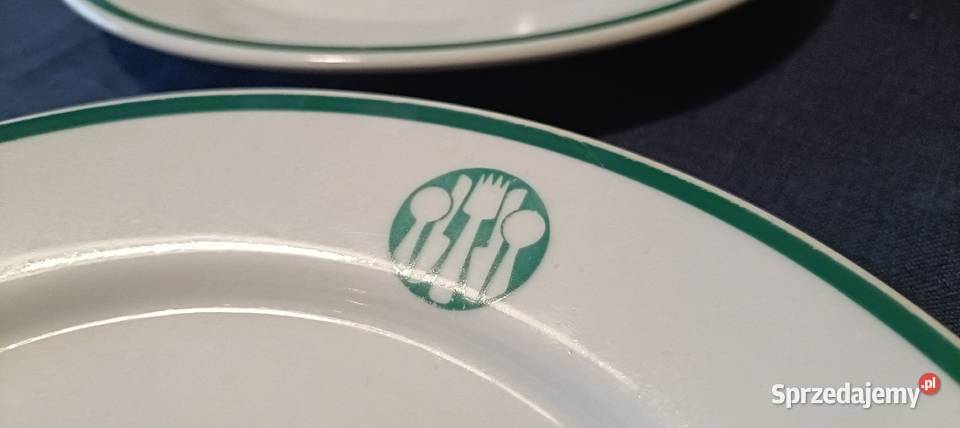 4 Talerze Lubiana Społem PRL logo sztućce